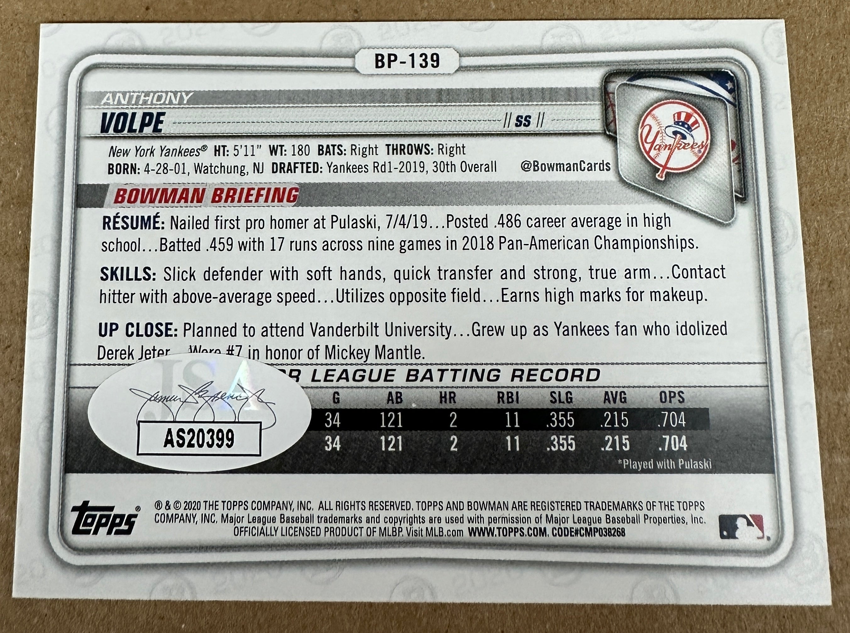 2020 Bowman Anthony Volpe rookie Autograph JSA Certified