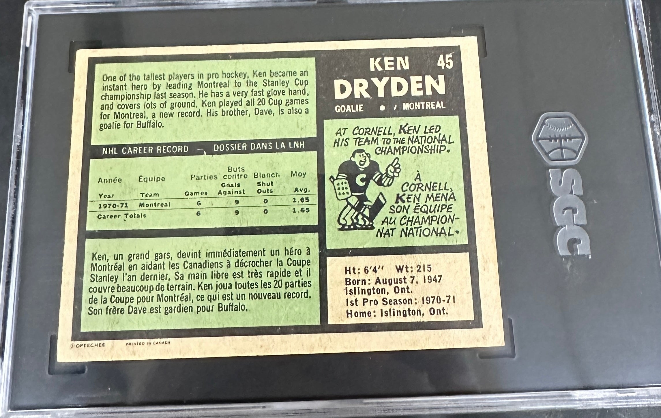 1971 Opeechee #45 Ken Dryden rookie SGC 2.5