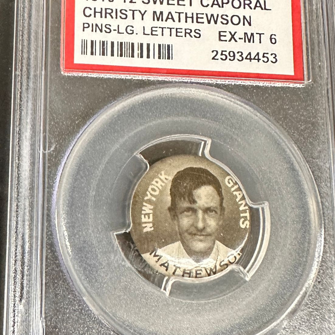 1910-12 Sweet Caporal Pins Christy Mathewson Large Letters PSA 6