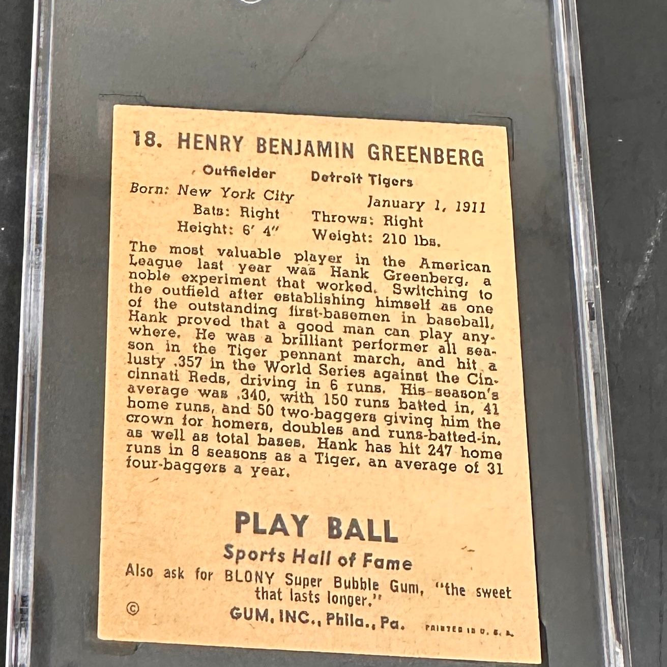 1941 Playball #18 Hank Greenberg SGC Authentic