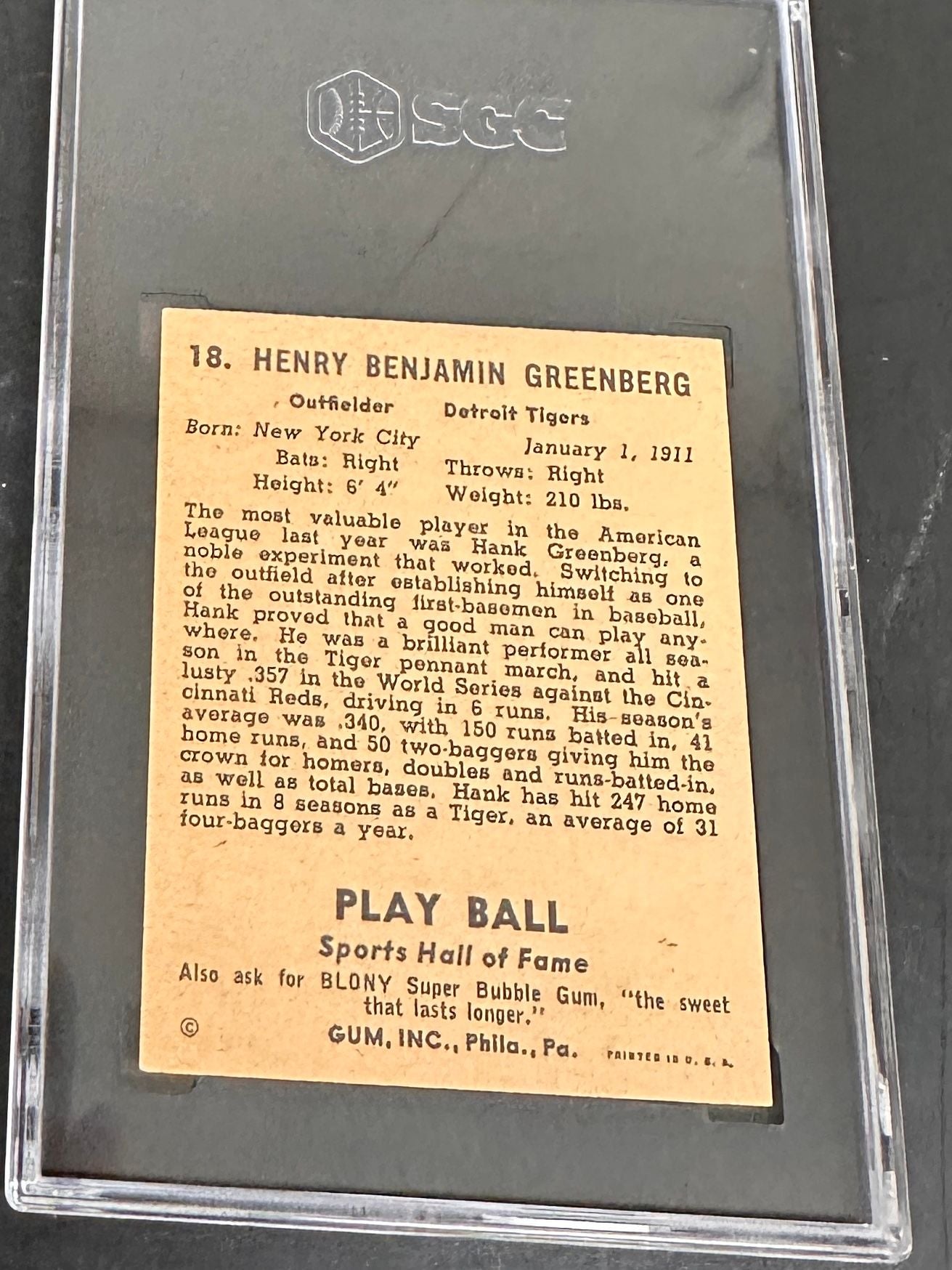 1941 Playball #18 Hank Greenberg SGC Authentic