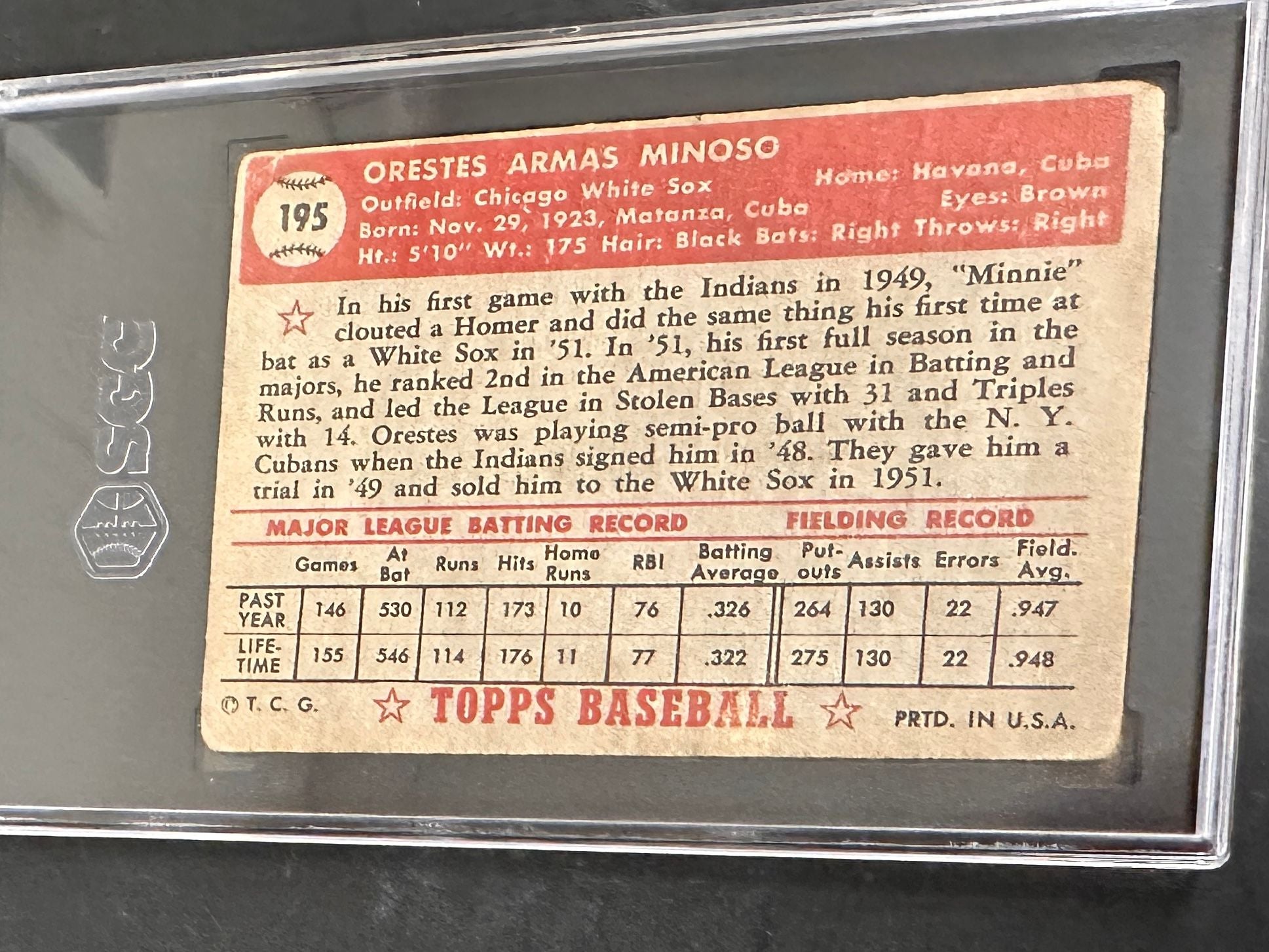 1952 Topps #195 Minnie Minoso Rookie SGC 1