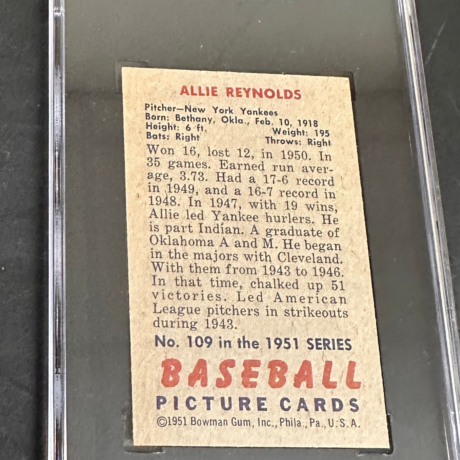 1951 Bowman #109 Allie Reynolds SGC 8.5