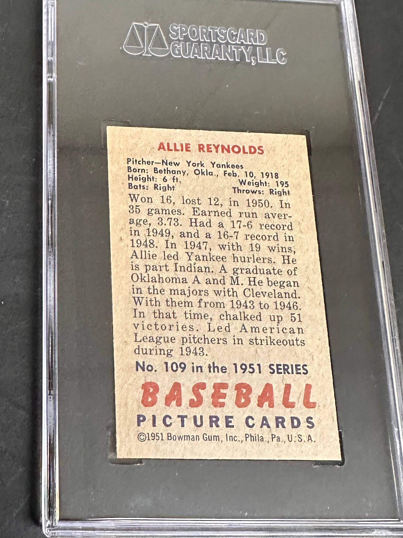 1951 Bowman #109 Allie Reynolds SGC 8.5