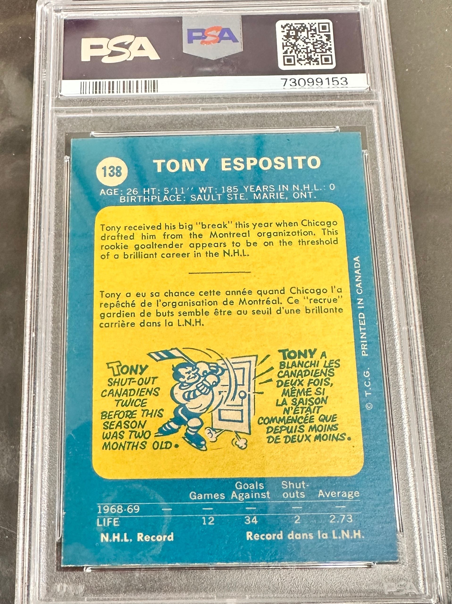 1969 Opeechee #138 Tony Esposito rookie PSA 7
