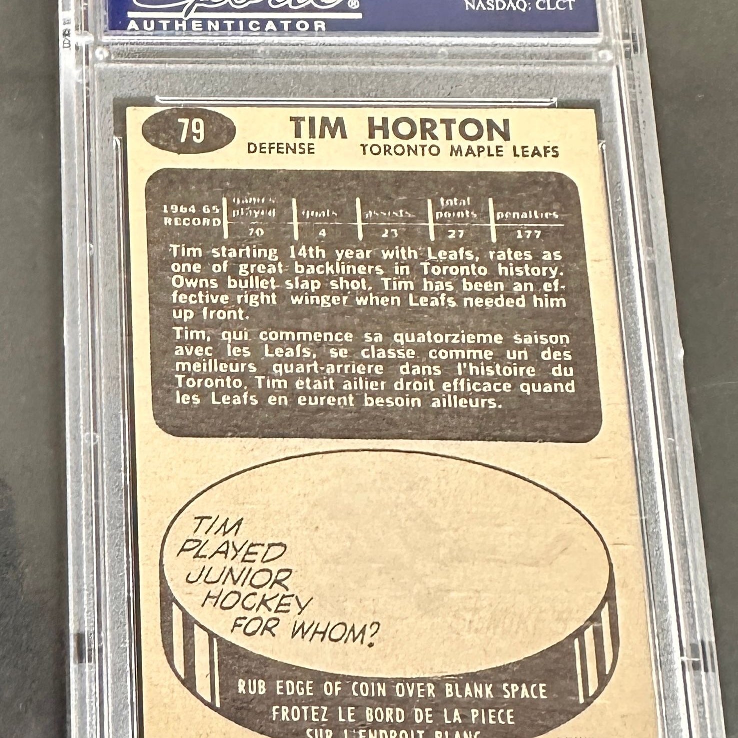 1965 Topps #79 Tim Horton PSA 7