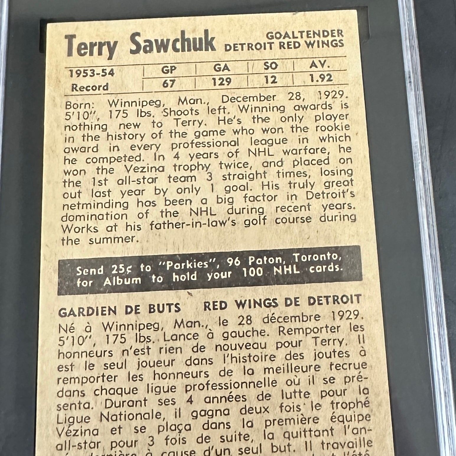 1954 Topps #58 Terry Sawchuk PSA 4