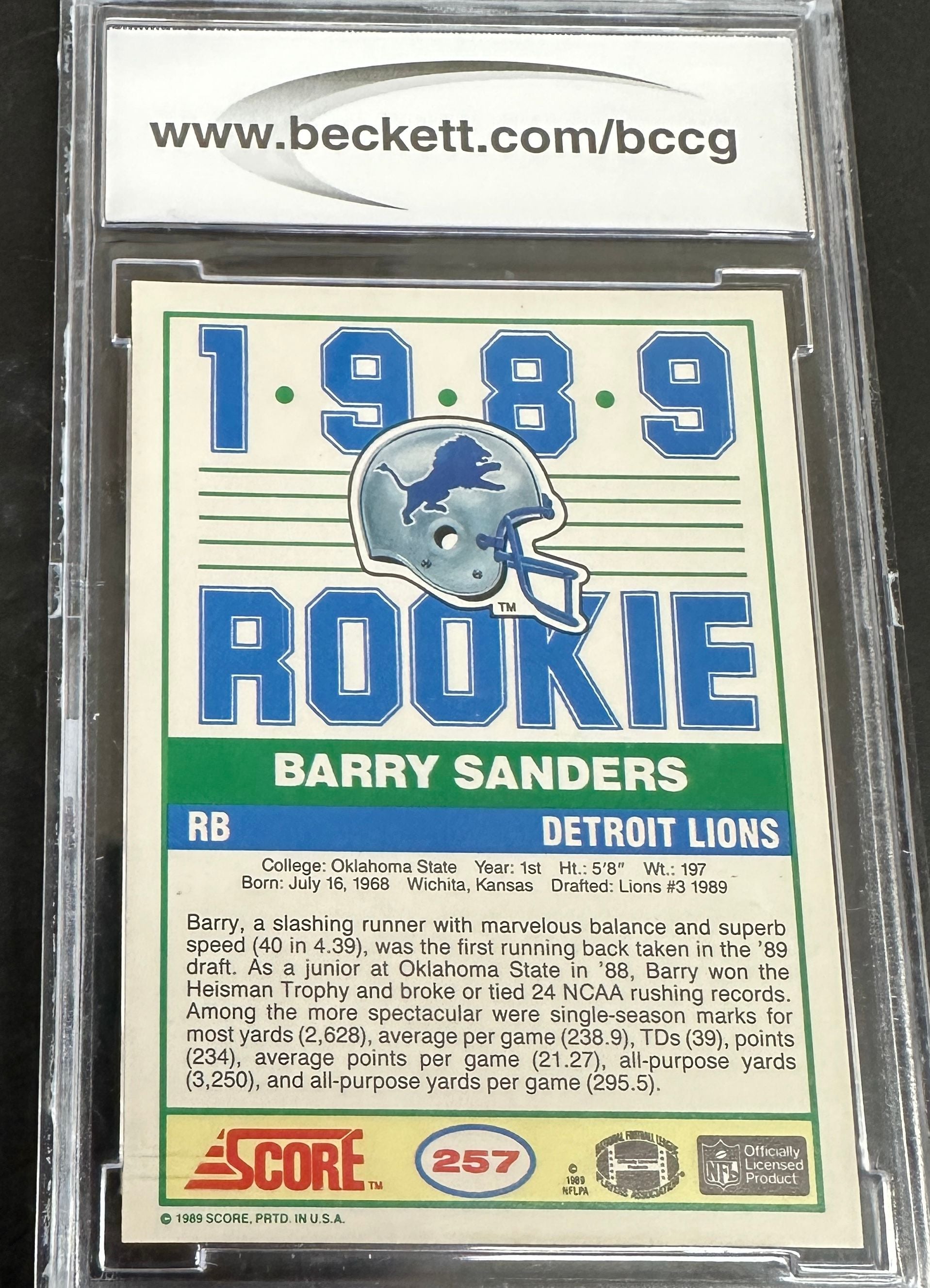 1989 Score #257 Barry Sanders BCCG Graded 10 Gem Mint