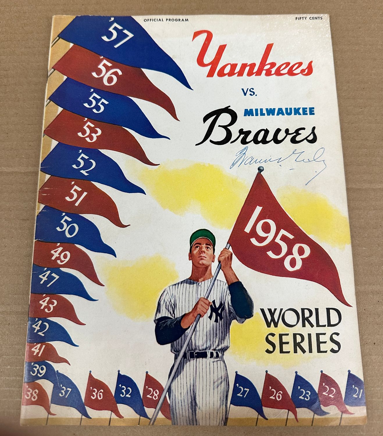 1958 World Series Program Yankees vs. Braves. w/ Warren Giles autograph Ex/Mint