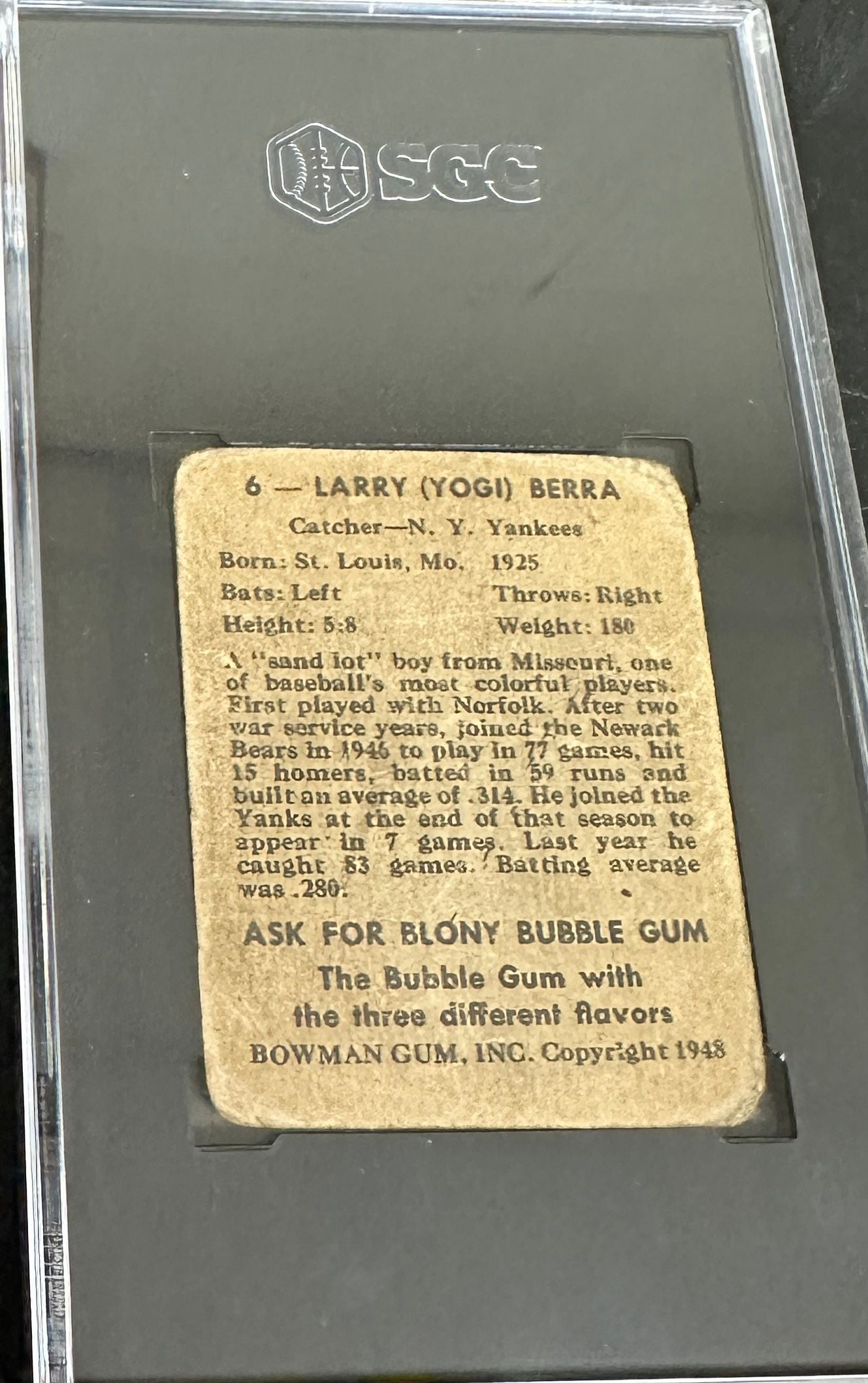 1948 Bowman #6 Yogi Berra rookie SGC 1