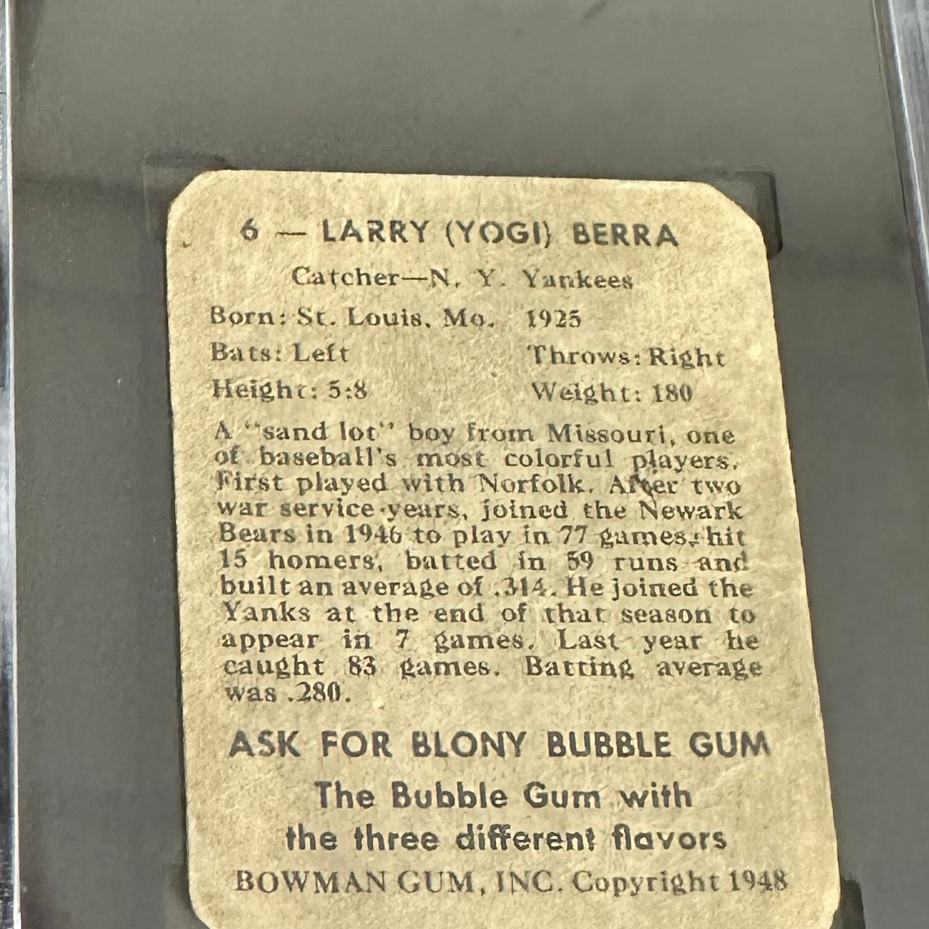 1948 Bowman #6 Yogi Berra rookie SGC Authentic