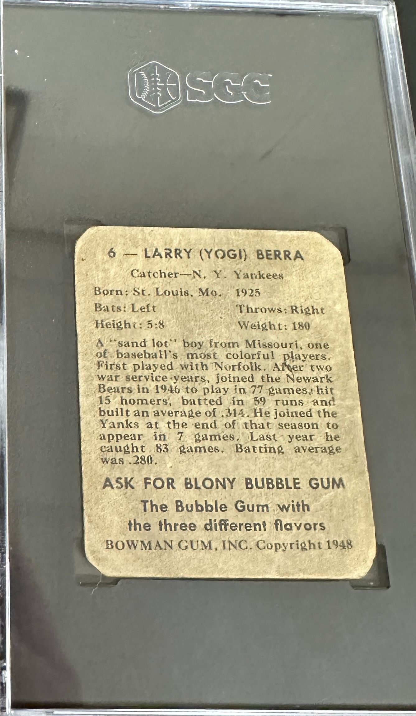 1948 Bowman #6 Yogi Berra rookie SGC Authentic