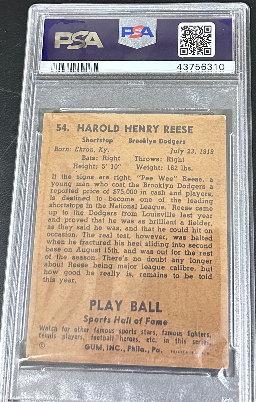 1941 Play Ball #54 Pee Wee Reese rookie SGC 3