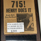 1974 Hank Aaron 715 Breaks Home Run Record Newspaper Autographed