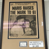 1961 Roger Maris Hits 61 Home Runs Newspaper w/ Autograph
